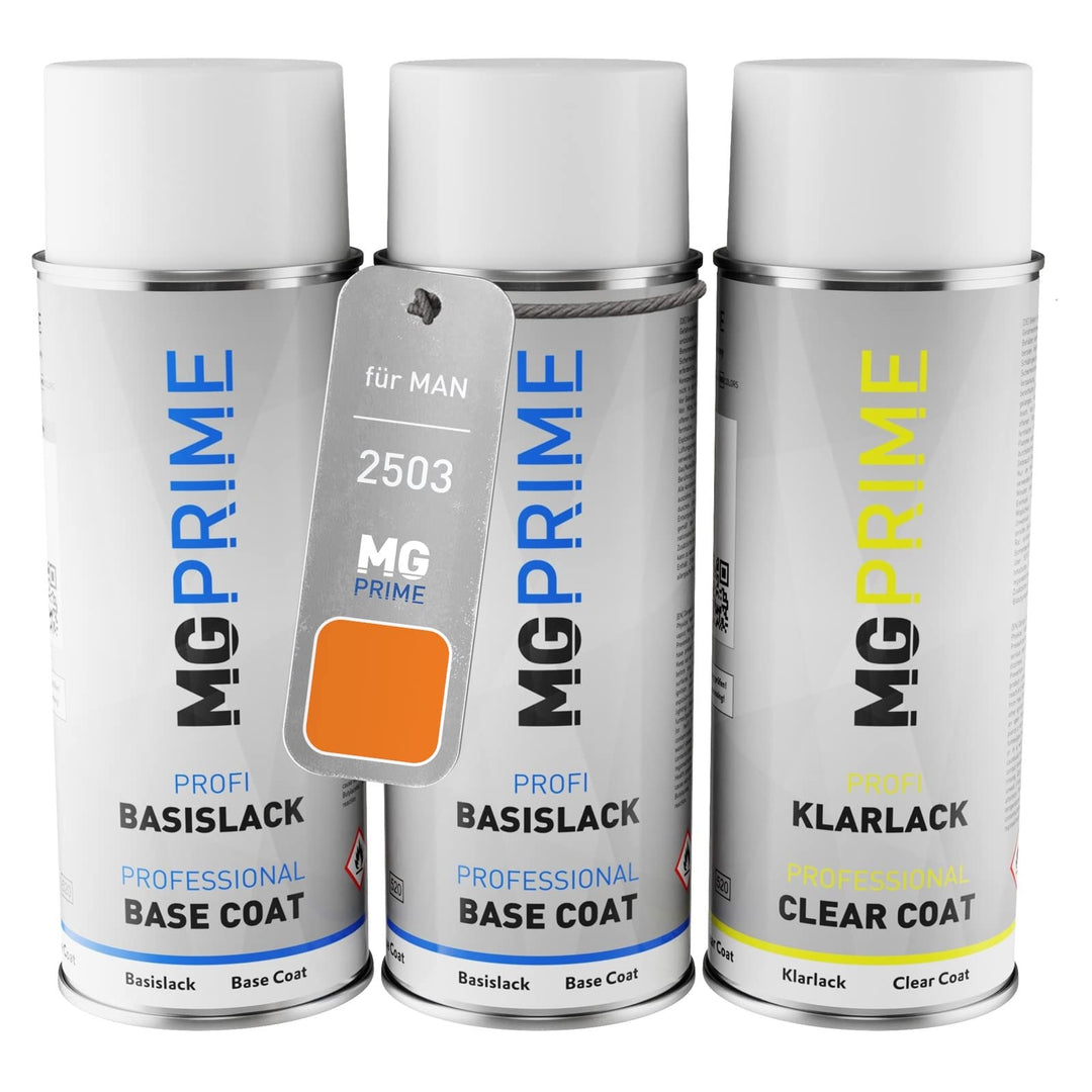 MG PRIME Autolack Sprühdosen Set für MAN 2503 Orange Grundlack Basislack Klarlack Spraydose 400ml