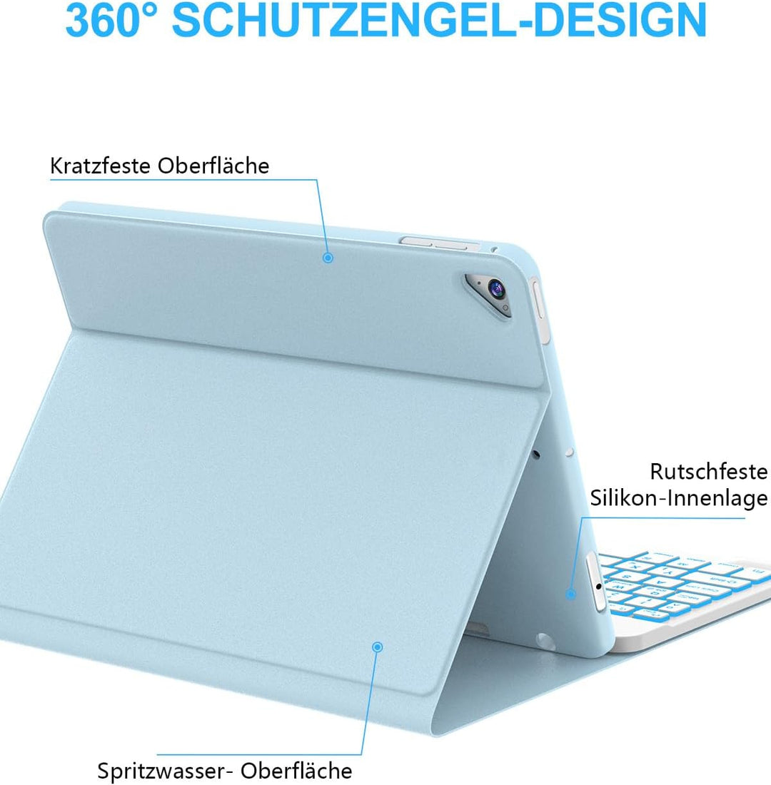 JADEMALL Für iPad Air 2 Tastatur Hülle mit 7-Farben LED, Deutsch QWERTZ Layout, abnehmbare Bluetooth