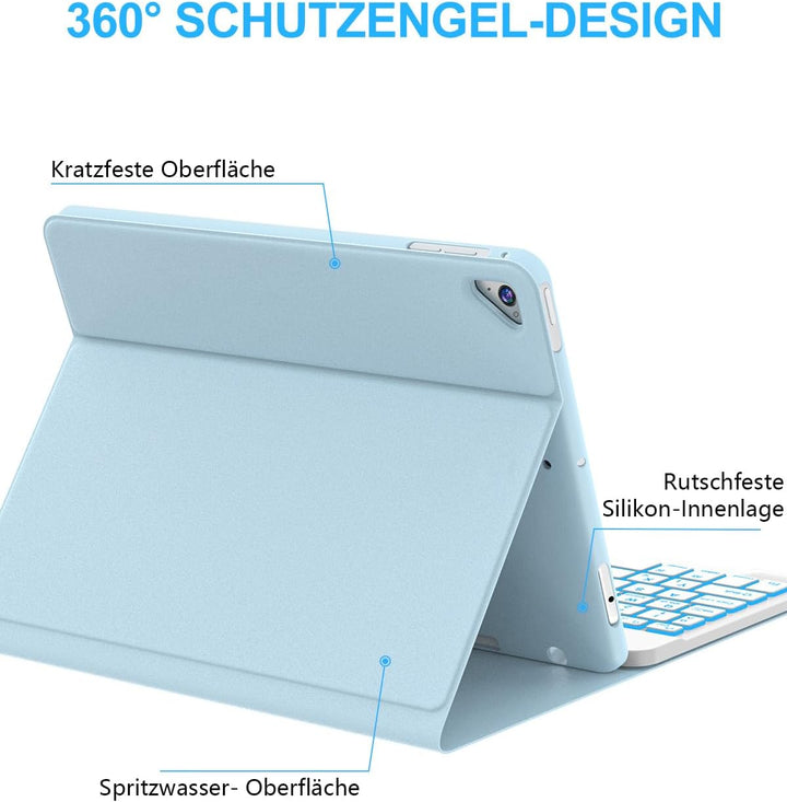 JADEMALL Für iPad Air 2 Tastatur Hülle mit 7-Farben LED, Deutsch QWERTZ Layout, abnehmbare Bluetooth