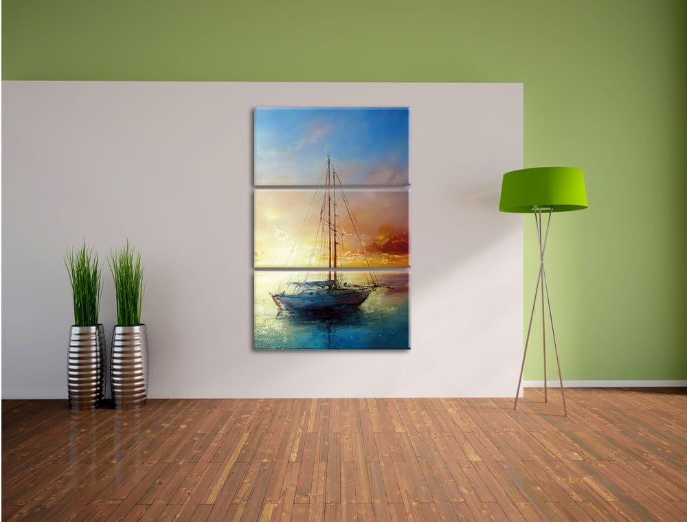 Pixxprint Schönes Gemälde eines Bootes als Leinwandbild/Grösse: 3 Teilig (120x80) cm/Wandbild/Kunstd