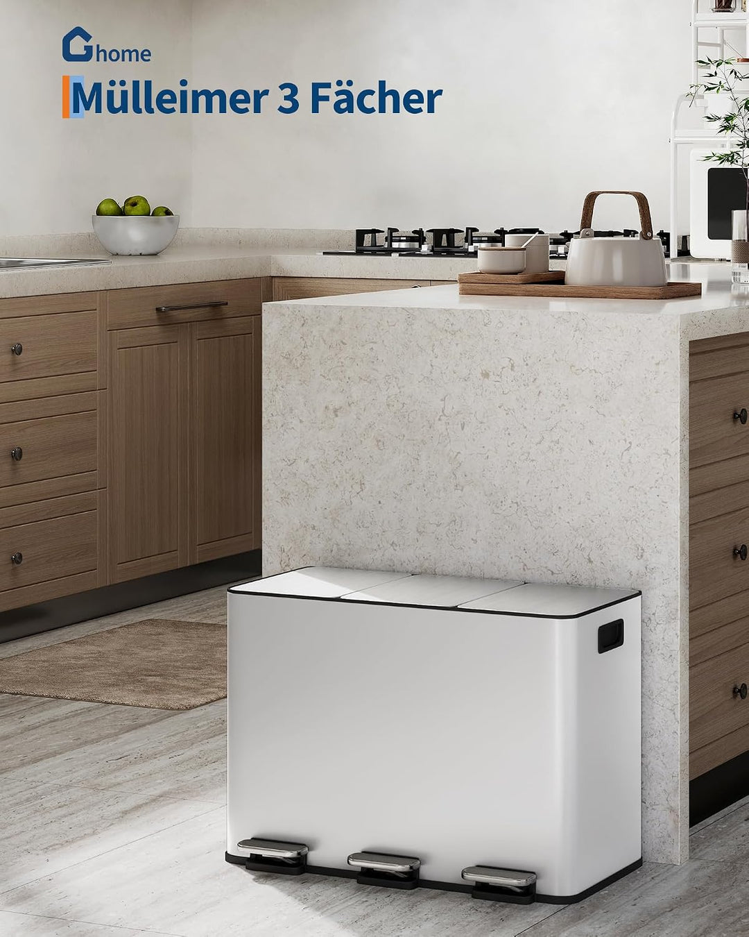 GarveeHome Mülleimer Küche, Mülleimer 3 fächer, Mülltrennsystem 3 x 15 Liter, Tretmülleimer mit Edel