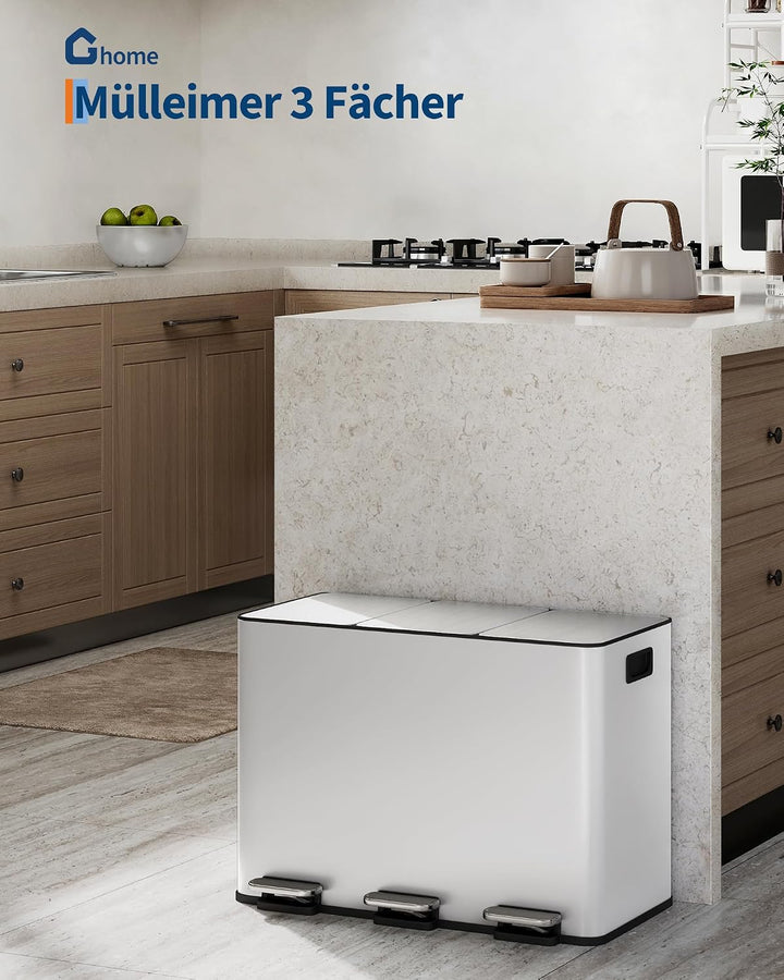 GarveeHome Mülleimer Küche, Mülleimer 3 fächer, Mülltrennsystem 3 x 15 Liter, Tretmülleimer mit Edel