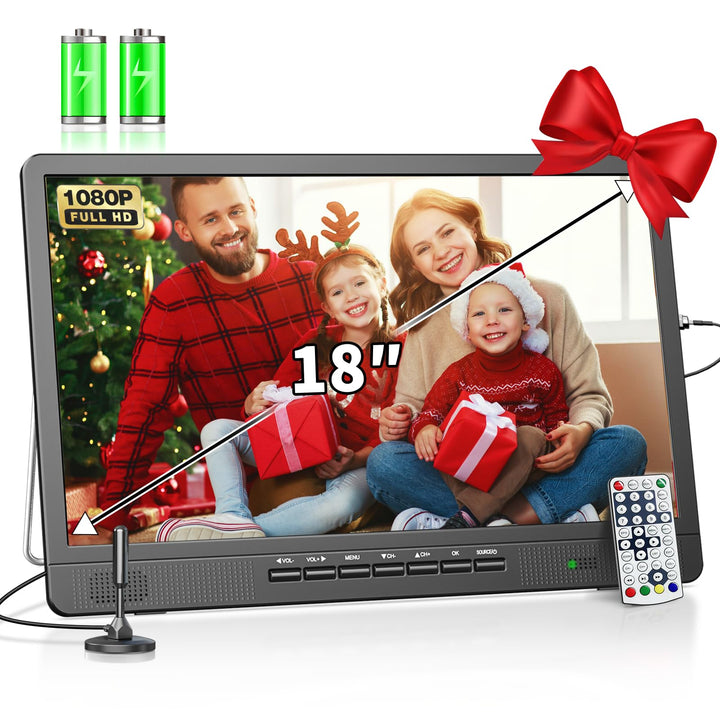 DESOBRY 18-Zoll tragbarer Fernseher mit Freeview, 6000mAh Akku Kleiner Fernseher mit Antenne, 12V Ca