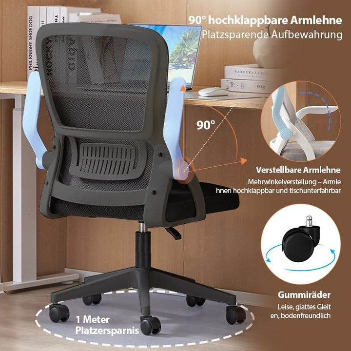 Bürostuhl,Ergonomischer Drehstuhl mit Atmungsaktiver Mesh-Rückenlehne,Hochklappbaren Armlehnen und L