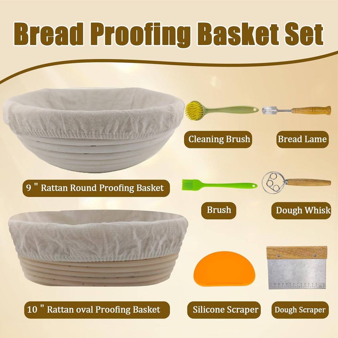 Brotgärkorb-Set, runder und ovaler Sauerteig-Gärkorb, 100 % natürliches Rattan, Brotlame, Teigbesen,