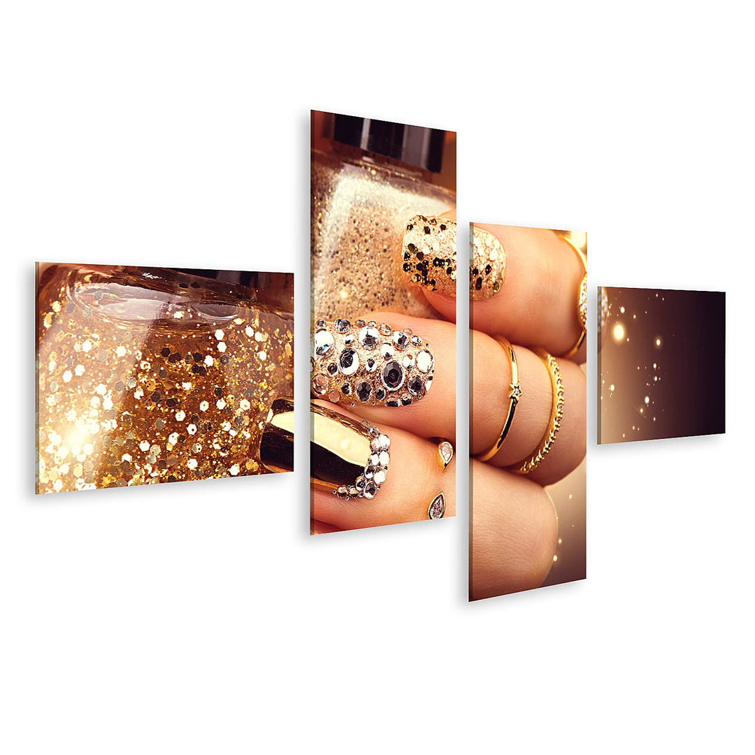 islandburner Bild auf Leinwand Goldene Maniküre Mit Edelsteinen Und Funkelt Eine Flasche Nagellack T