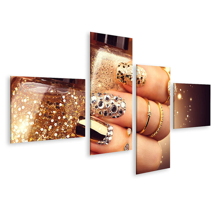 islandburner Bild auf Leinwand Goldene Maniküre Mit Edelsteinen Und Funkelt Eine Flasche Nagellack T