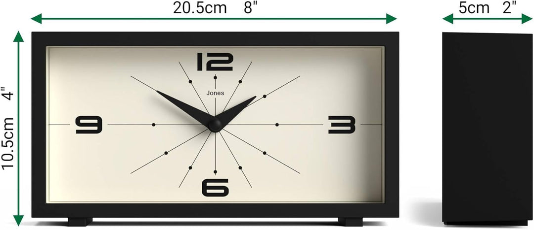 JONES CLOCKS® Schreibtischuhr 'Odeon' – modernes rechteckiges Design in Schwarz, stilvoller Retro-Lo