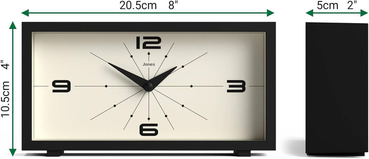 JONES CLOCKS® Schreibtischuhr 'Odeon' – modernes rechteckiges Design in Schwarz, stilvoller Retro-Lo