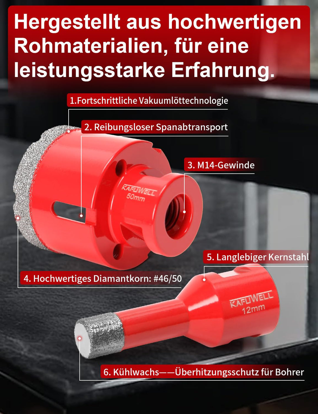M14 Fliesenbohrer Diamantbohrer Set 8tlg - ø 6/8/10/12/35/50/68mm inkl. Adapter für Winkelschleifer,