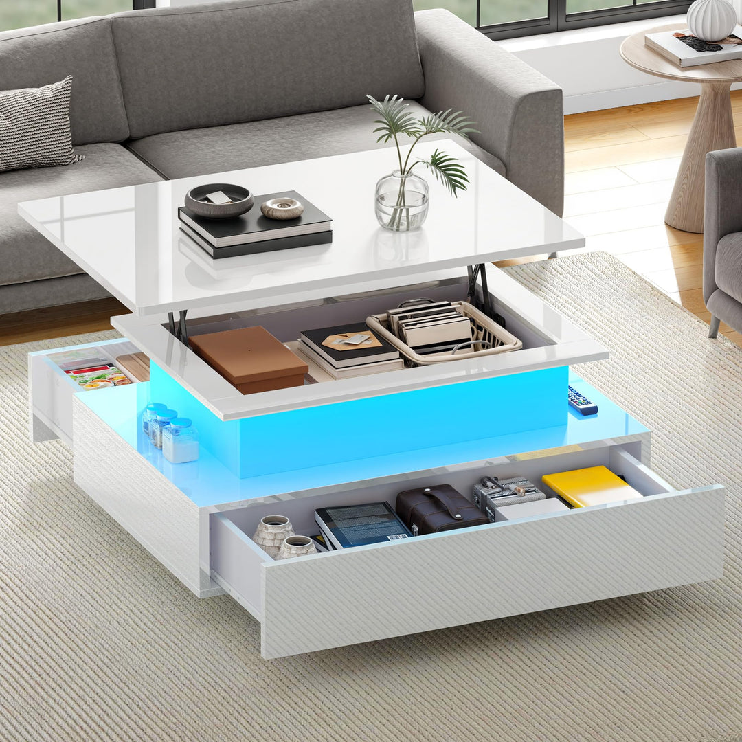 DWVO Couchtisch Hochglanz mit Schublade, Wohnzimmertisch Höhenverstellbar Modern mit 16-farbigem LED
