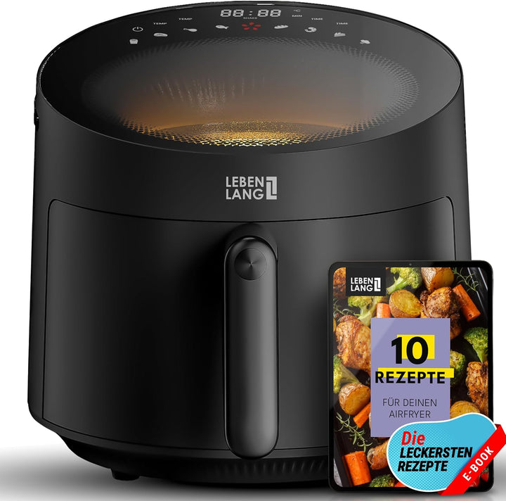 LEBENLANG Heissluftfritteuse 5L & 1500W - Inkl. Rezeptbuch & 8 Programme I Ölfreie & Fettfreie Frite