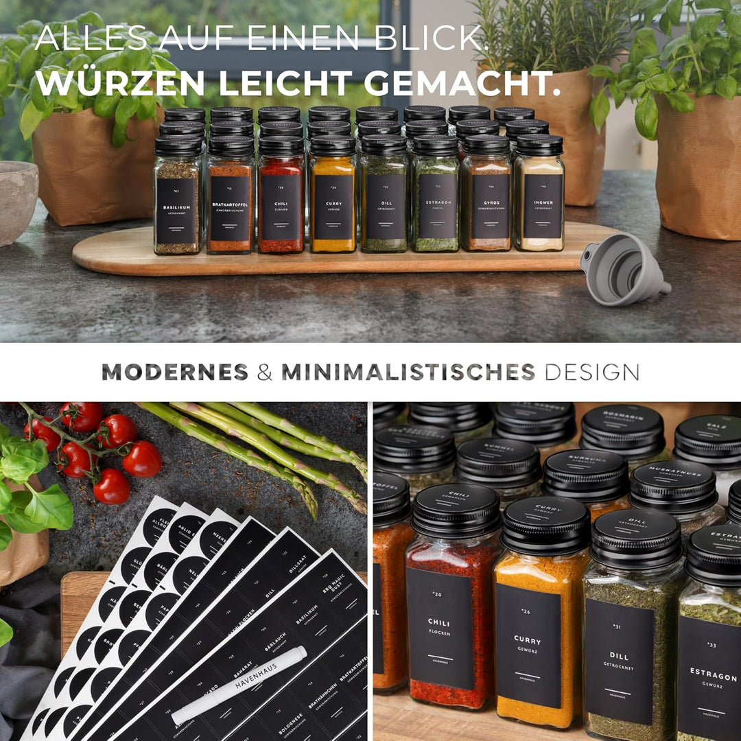 Gewürzgläser Set schwarz | 24 Gewürz Organizer inkl. 336 deutschen Gewürzetiketten | Gewürzgläser ec