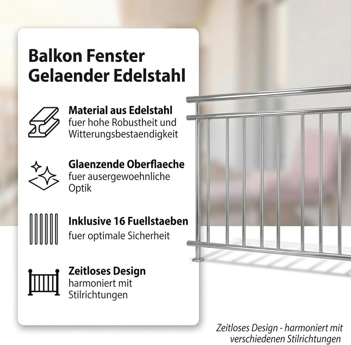 Mucola Edelstahl Balkongeländer 90x225 cm – V2A Brüstungsgeländer mit 16 Füllstäben, Ø 3,8 cm Handla