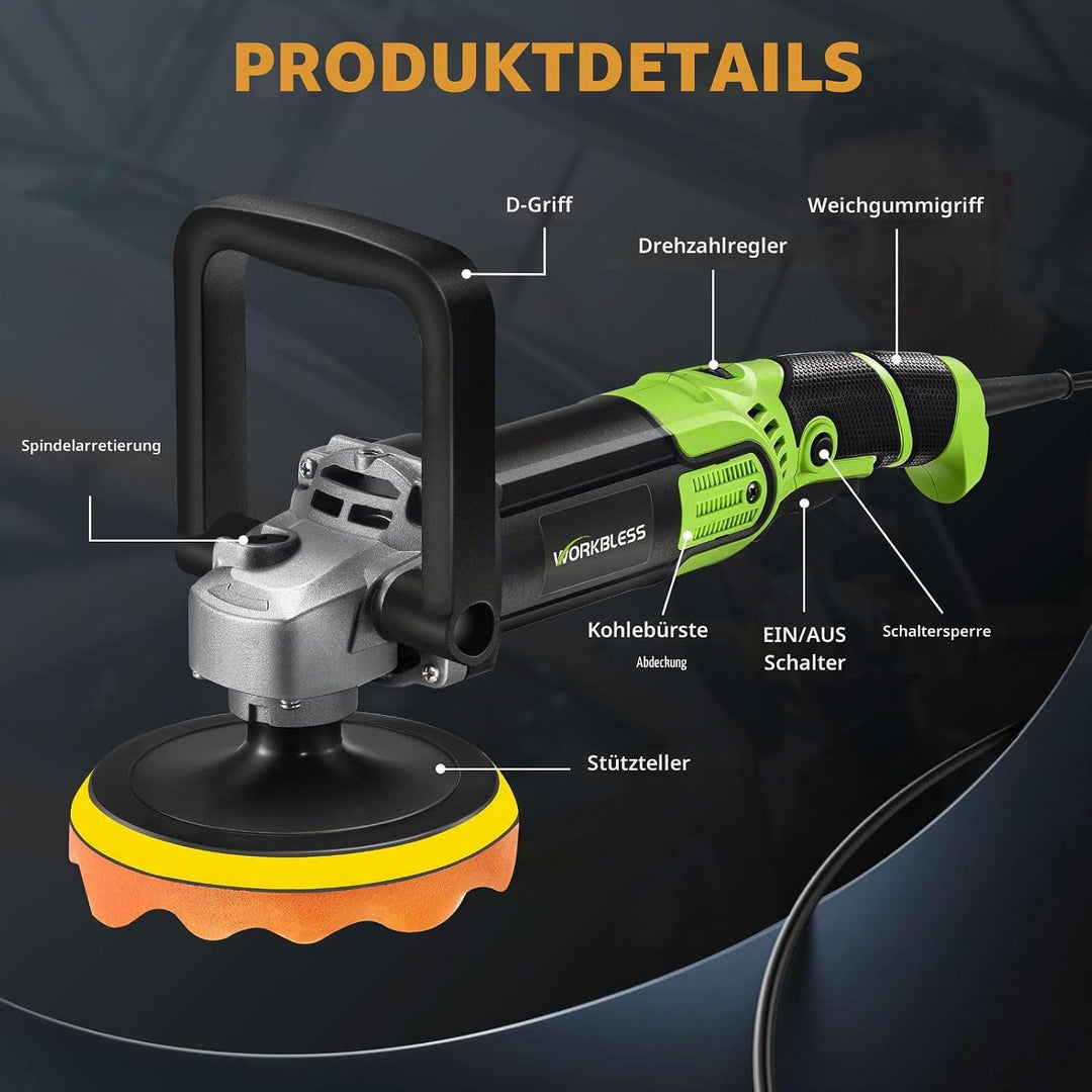 WORKBLESS Poliermaschine Auto, 1600W, 7 Variable Geschwindigkeit, 1600-3500 U/min, Autopolitur Set m