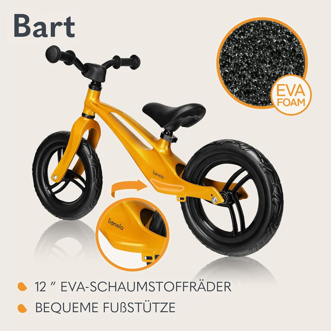 Lionelo Bart Laufrad ab 2 Jahre bis zu 30 kg, Magnesiumrahmen, 12 Zoll Räder, Lenkrad und Sattel höh
