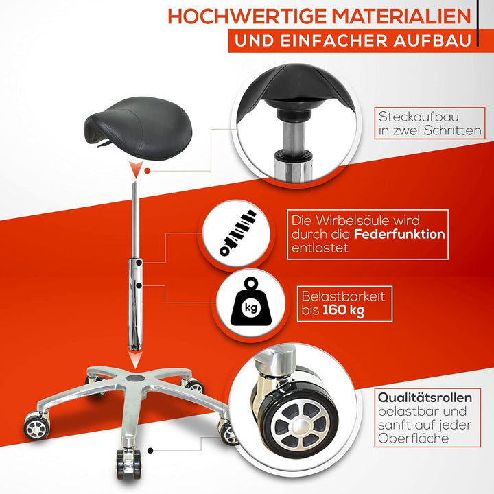 Sattelsitz Rollhocker höhenverstellbar von 50-65 cm, Drehhocker, Rollhocker, Praxishocker, Bürohocke