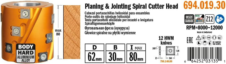 CMT ORANGE TOOLS 694.019.30 - HARTMETALL-SPIRALFÜGEMESSER Z12 D=62X80X30