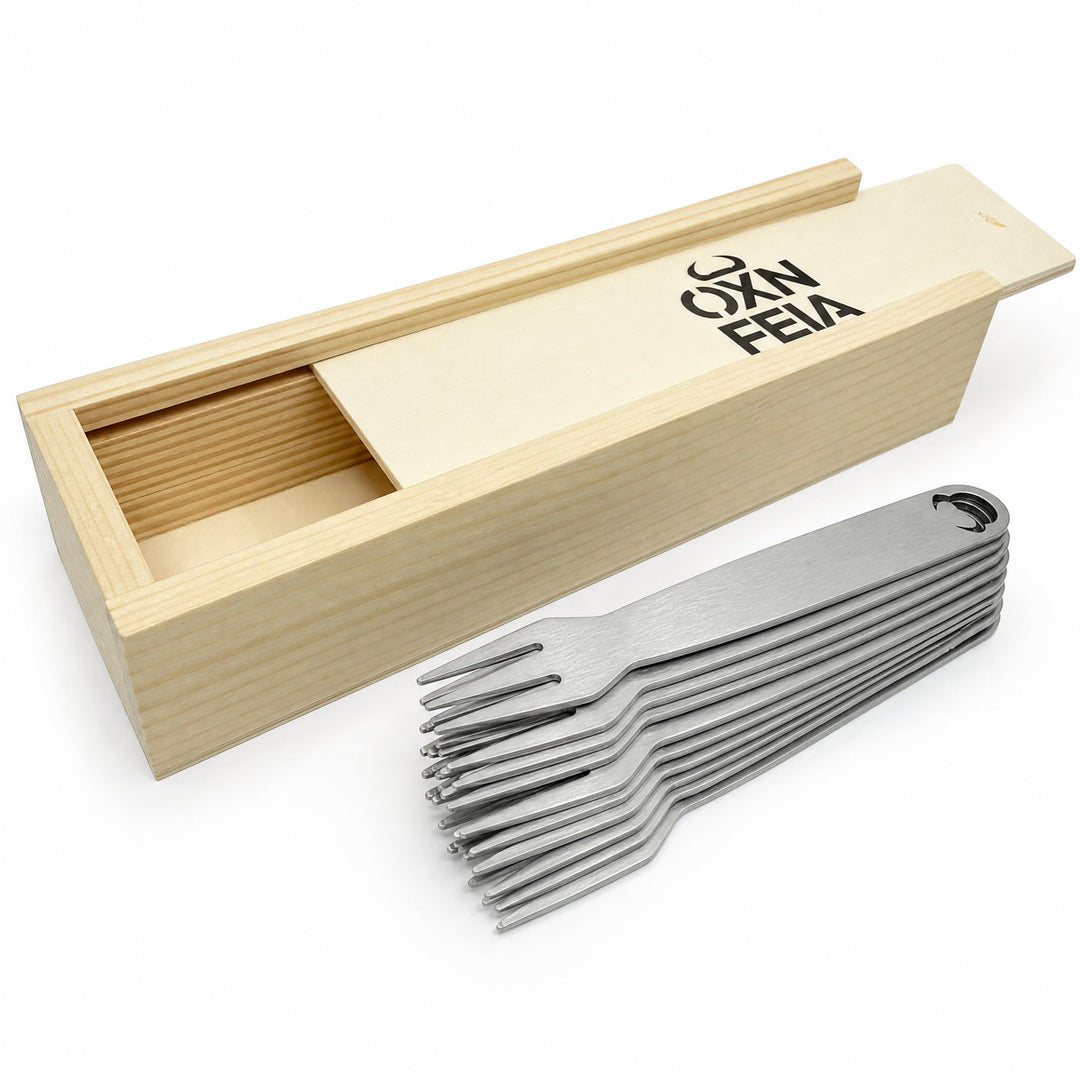 Pommesgabel 10 Stück mit Holzbox Pommesgabeln aus rostfreiem Edelstahl ideal für Pommes, Wurst oder