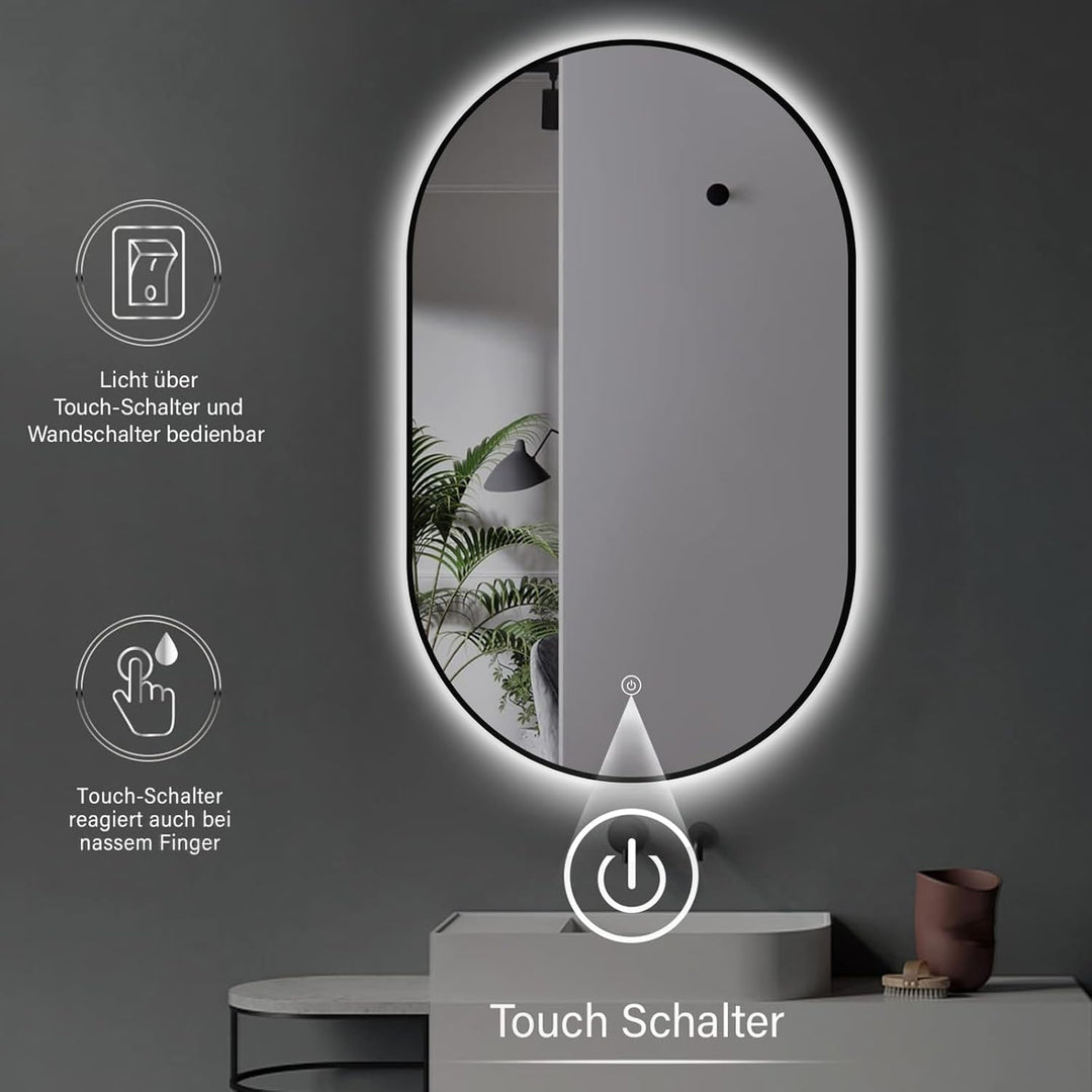 Apjeoy LED Badspiegel Oval 45 x 75 cm Wandspiegel mit matt schwarz Metallrahmen Beleuchtung Badezimm