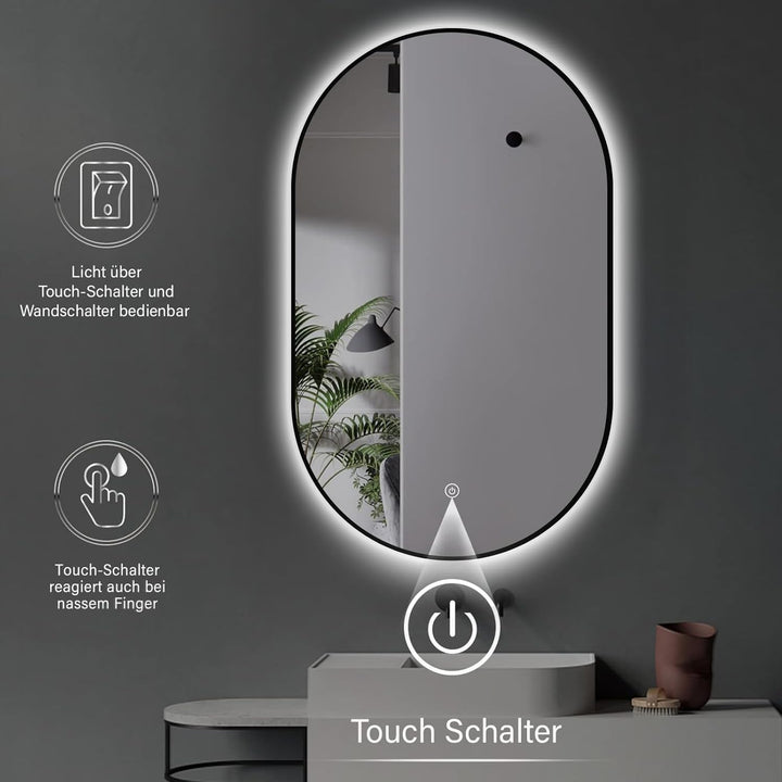 Apjeoy LED Badspiegel Oval 45 x 75 cm Wandspiegel mit matt schwarz Metallrahmen Beleuchtung Badezimm