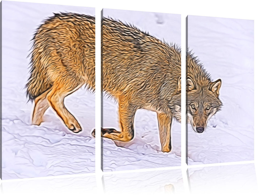 seltener Wolf im Schnee Spezial 3-Teiler Leinwandbild 120x80 Bild auf Leinwand, XXL riesige Bilder f
