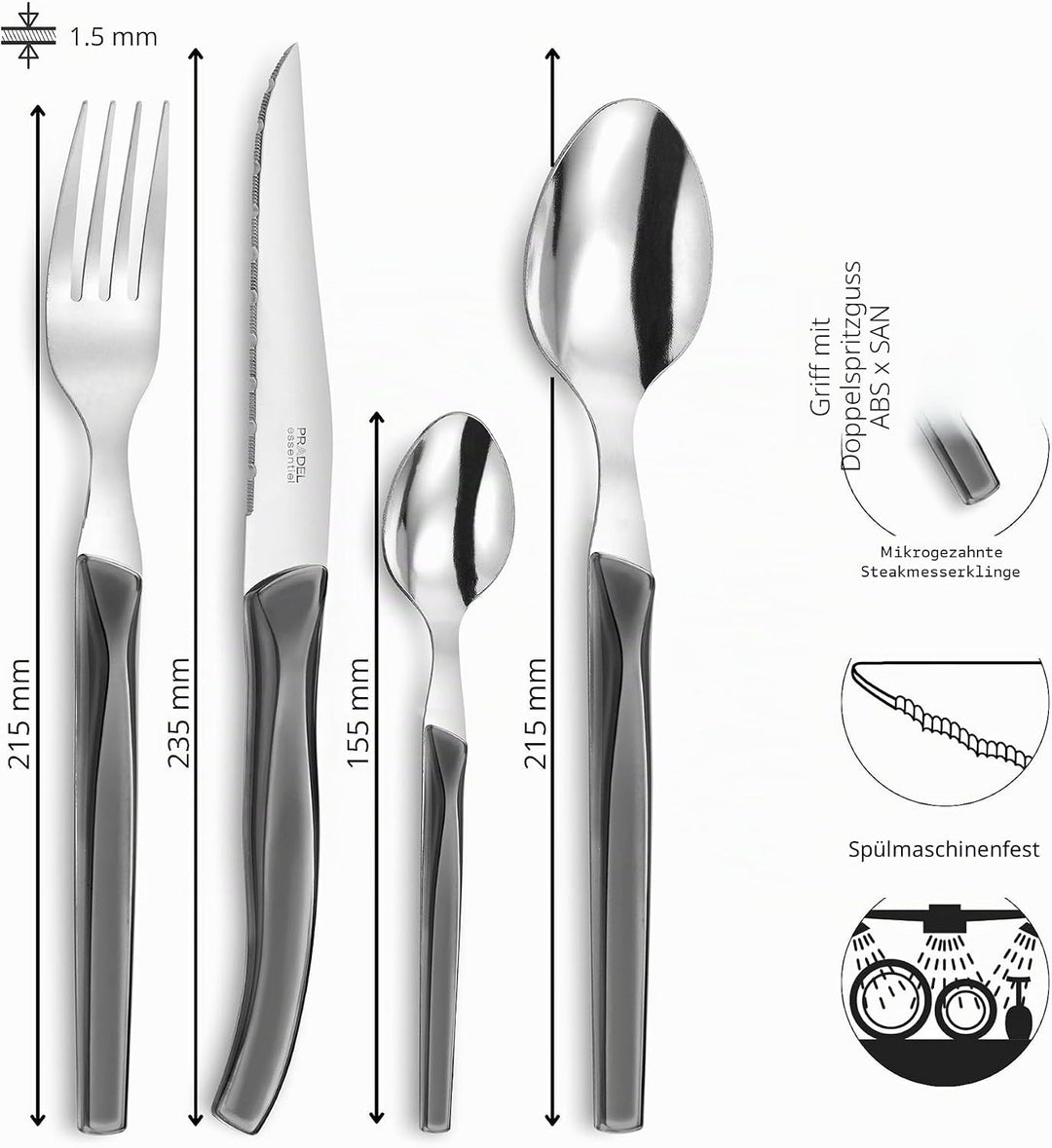 Lou Laguiole RISING SUN Besteck Set 6 Personen | 24-teilig | Grau glänzend | Essbesteck 6 Personen s