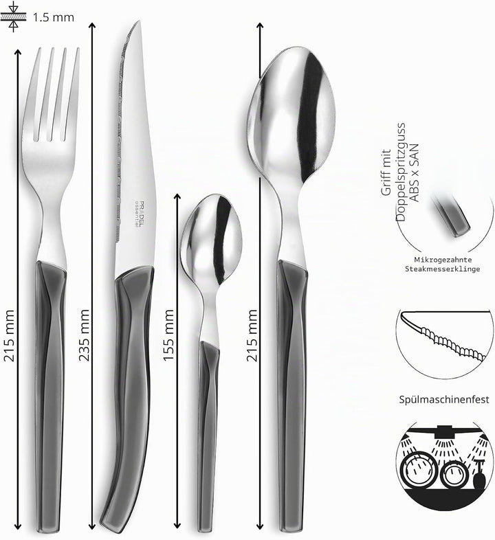 Lou Laguiole RISING SUN Besteck Set 6 Personen | 24-teilig | Grau glänzend | Essbesteck 6 Personen s