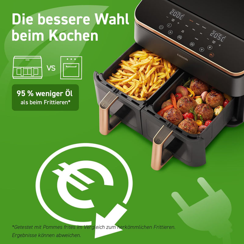 Cosori Heissluftfritteuse 2 Kammern Airfryer, 6-in-1 Dual Zone Air Fryer XXL 8,5 L, Heissluftfritteu