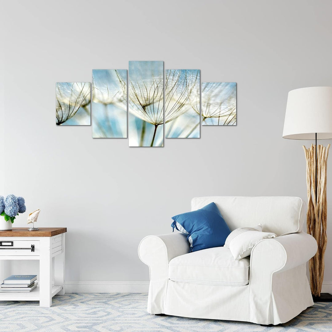Runa Art Wandbilder Blumen Pusteblume 5 Teilig Bild auf Vlies Leinwand Deko Wohnzimmer Feld Blau 209