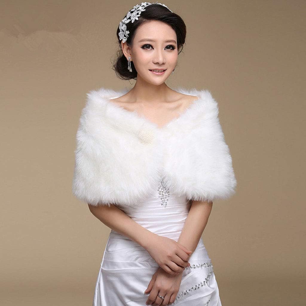 Womens White Kunstpelz Braut Wrap Stola Schal Cape Hochzeit Künstliche Perle Ball Verschönerung Wint