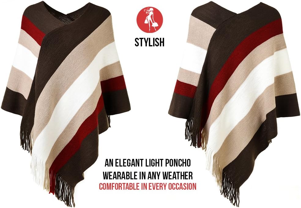 Ferand Damen Gestreifter Poncho Pullover Vielseitiger Schal zum Wickeln mit Fransen für Herbst und W