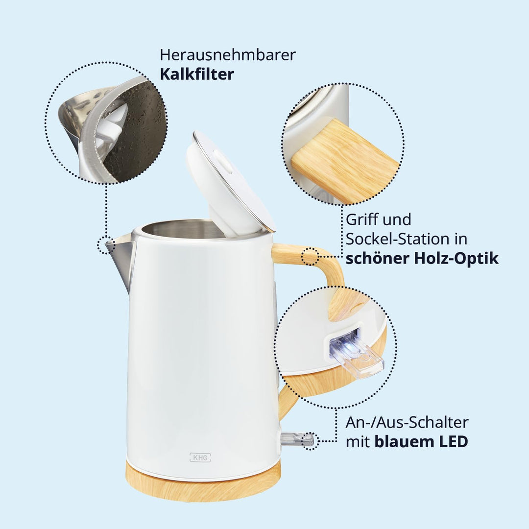 KHG Wasserkocher WK-1716 WWD weiss - holzfarbene Applikation Edelstahl 1,7 Liter, Kalkfilter, Wasser