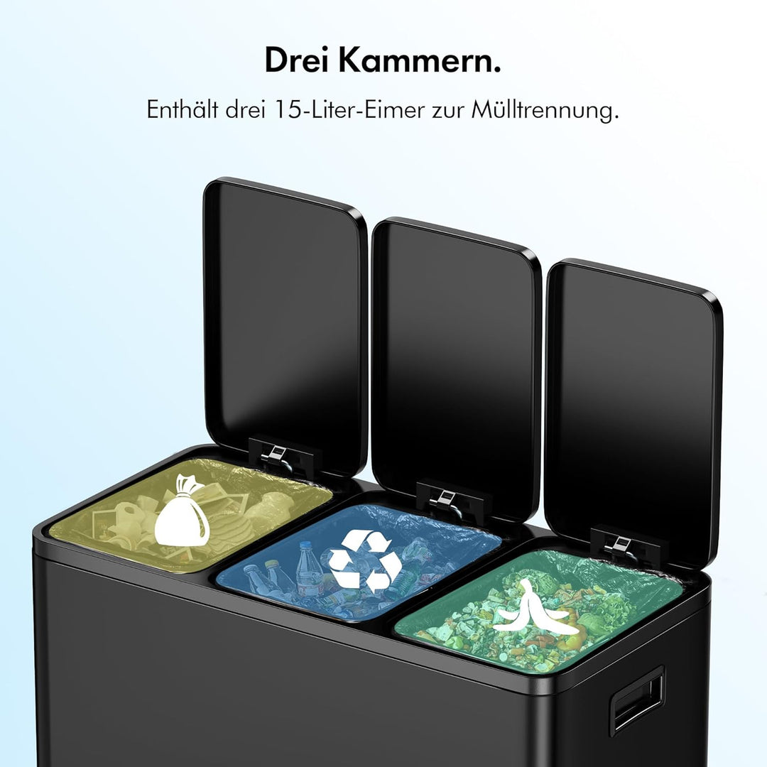 VonHaus Mülleimer Küche 3 Fächer, 45L Recycling Mülltrennsystem – Abfalleimer Biomüll, Rutschfester