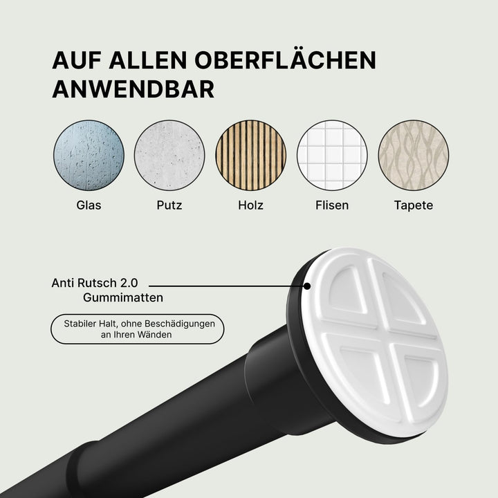 Gardinenstange ohne Bohren - Matt Schwarz, Ø 25 mm - Teleskopstange Vorhang - Duschstange zum Klemme