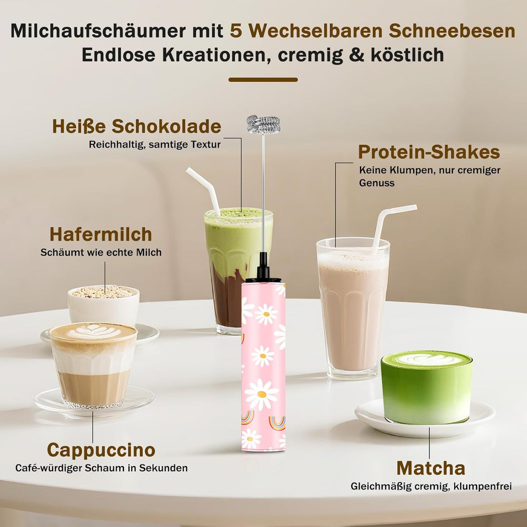 Milchschäumer Elektrisch USB-C mit 5 Wechselbaren Edelstahl-Schneebesen–2 Einstellbare Geschwindigke