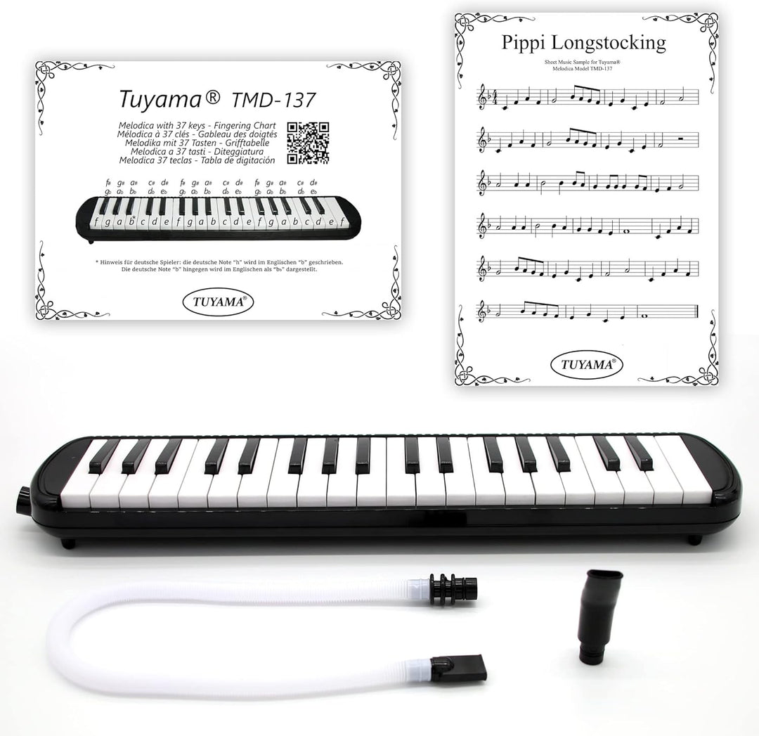 TMD-137A Melodica - 37 Tasten - mit Mundstück, Mundschlauch, Koffer, Grifftabelle und Notenbeispiele