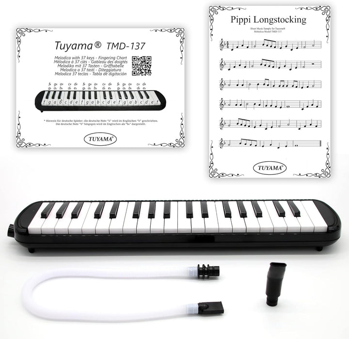 TMD-137A Melodica - 37 Tasten - mit Mundstück, Mundschlauch, Koffer, Grifftabelle und Notenbeispiele