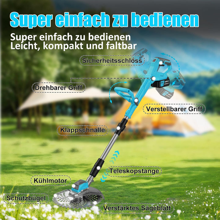 21V Rasentrimmer mit Akku, 3 in 1 Rasenkantenschneider mit Unkrautbürste, Faltbar Elektrischer Motor