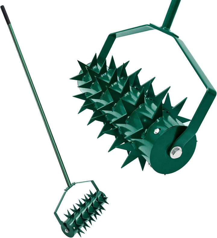 JAOGAUS Aerifizierer für Rasen, Walzentyp Rasenbelüfter, Rasenrolle mit Stiel & 5cm Nägeln & Spritzs