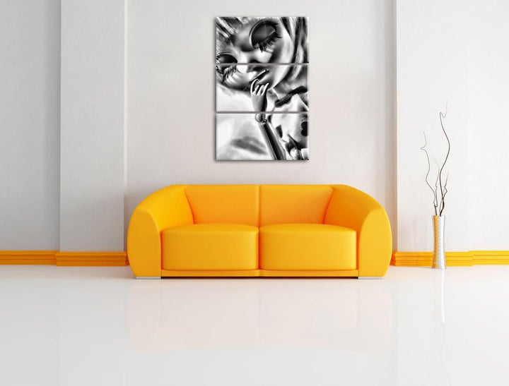 Pixxprint Monocrome, hübsches Pullip-Püppchen mit sehr Langen Wimpern 3-Teiler Leinwandbild 120x80 B