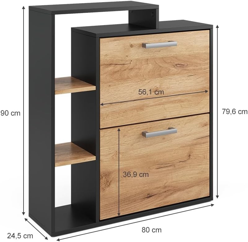 Vicco Schuhkipper Orlando, Goldkraft Eiche/Anthrazit, 24.5 x 90 cm 2 Fächern, mit zwei Klappregalen