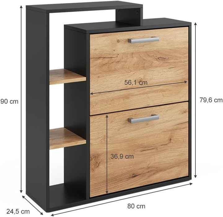 Vicco Schuhkipper Orlando, Goldkraft Eiche/Anthrazit, 24.5 x 90 cm 2 Fächern, mit zwei Klappregalen