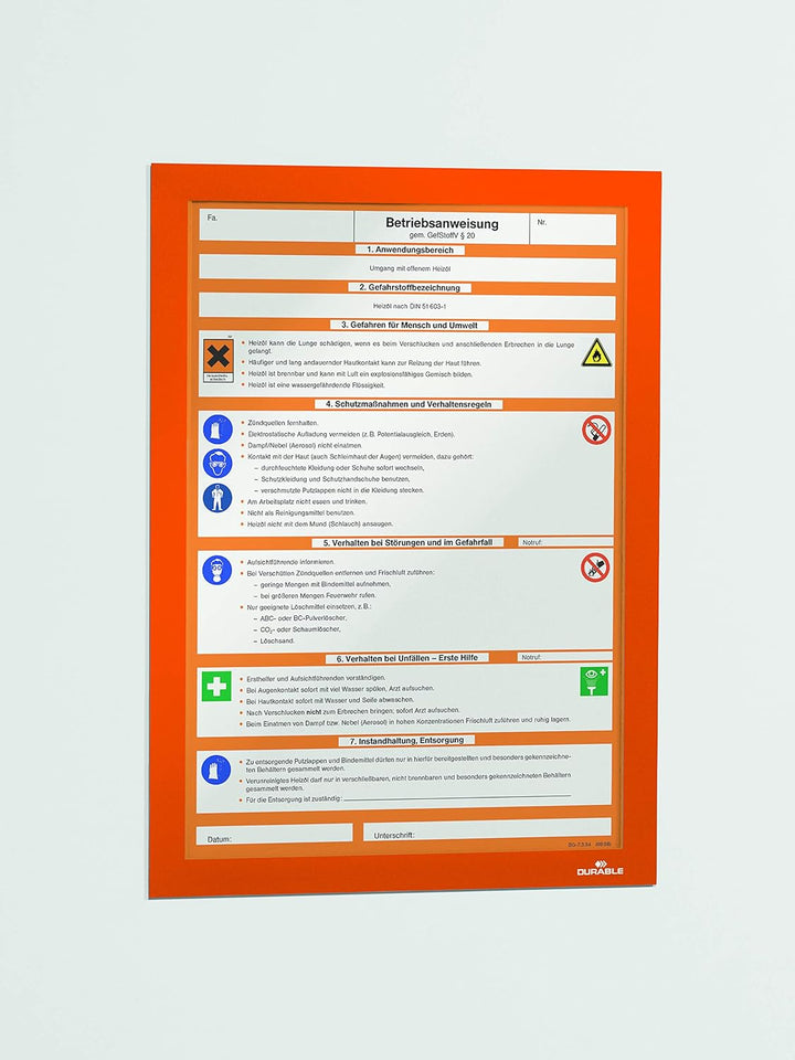 Durable Info-Rahmen Duraframe (A4, selbstklebend mit Magnetverschluss) 10 Stück, orange, 488209 A4 O