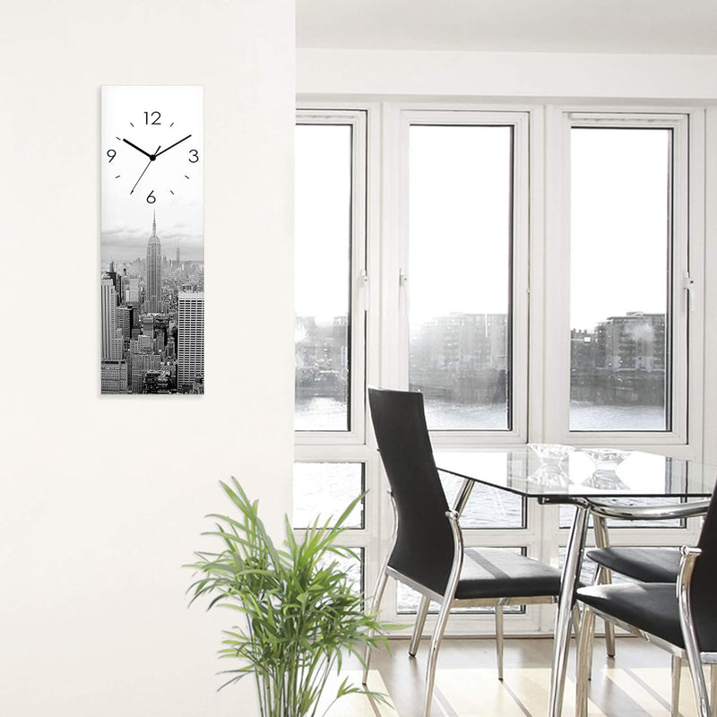 ARTLAND Wanduhr ohne Tickgeräusche Glas Quarzuhr 20x60 cm Rechteckig Lautlos New York Skyline Städte