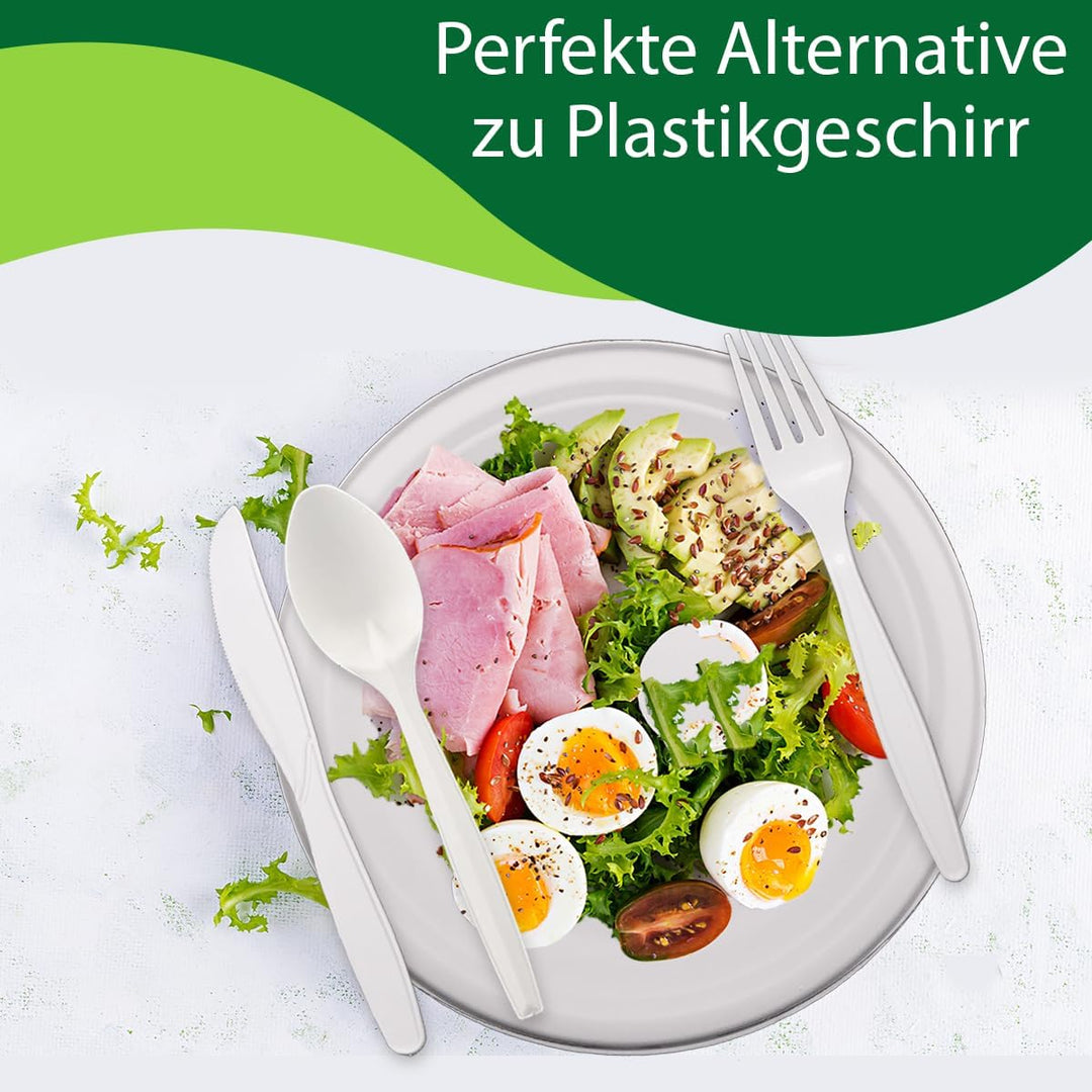 Umweltfreundliche Mehrweg Besteck | 150 Stück (je 50 Kompostierbare Gabel, Messer, Löffel) | Stabile