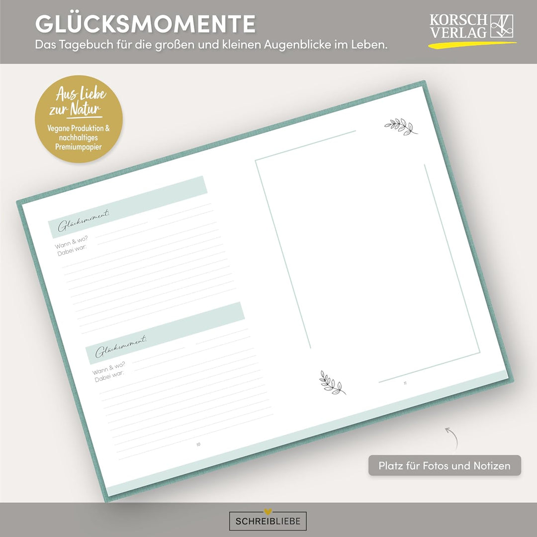 Glücksmomente Mint: Notizbuch, Ausfüllbuch mit Goldveredelung, Lesebändchen, Zetteltasche und Gummib