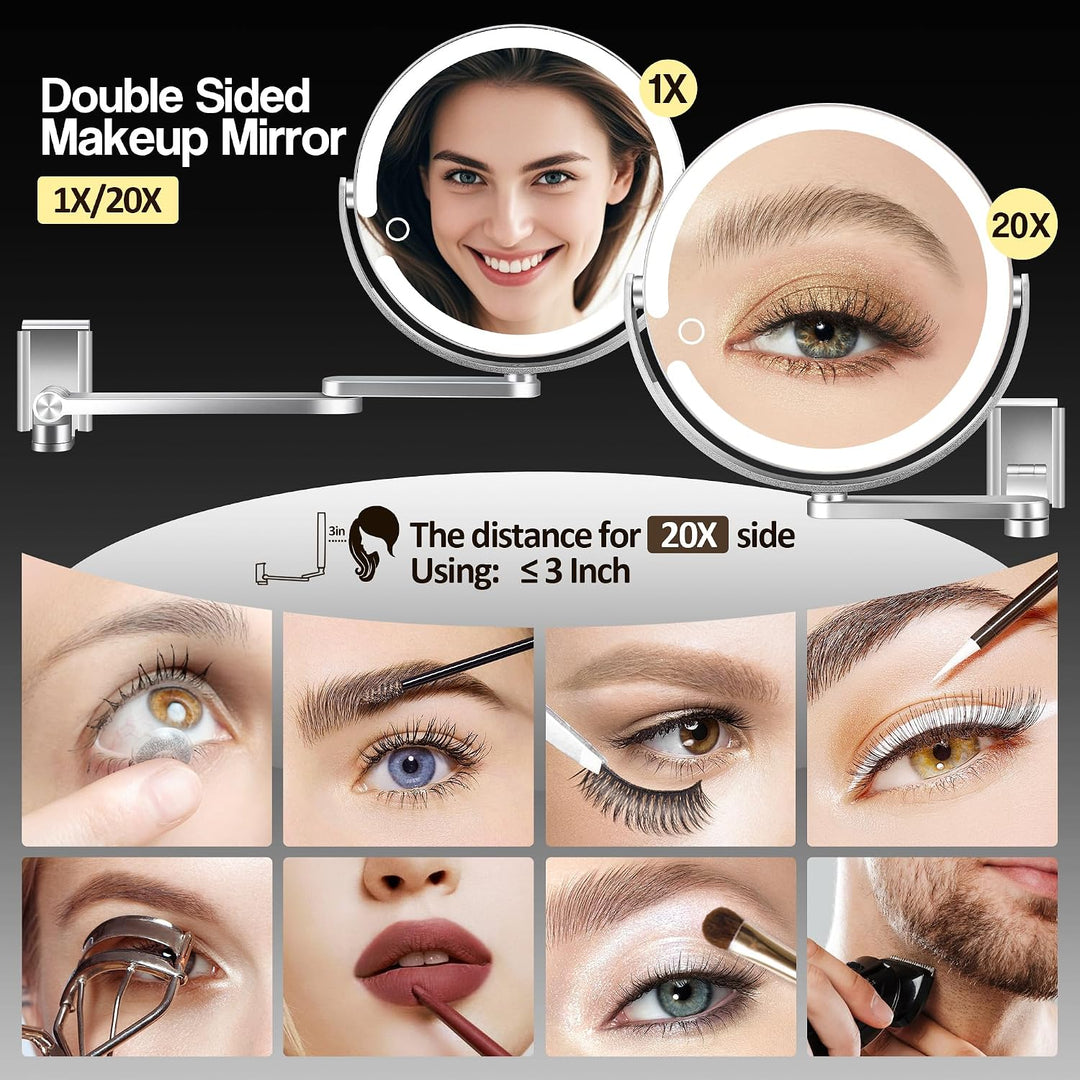 Wandmontierter Make-up-Spiegel, Vergrösserungsspiegel mit Licht, 20X/1X doppelseitig, höhenverstellb