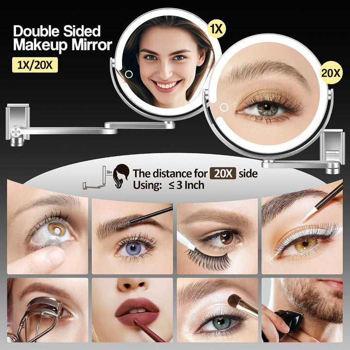 Wandmontierter Make-up-Spiegel, Vergrösserungsspiegel mit Licht, 20X/1X doppelseitig, höhenverstellb