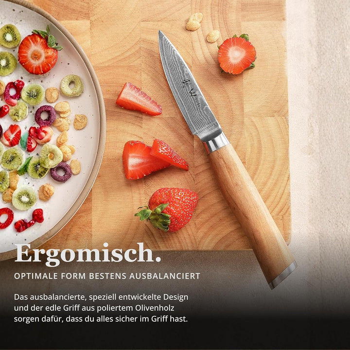 Wakoli Oliven Damastmesser - sehr hochwertiges Profi Messer mit Olivenholz Griff mit Damast Klinge,